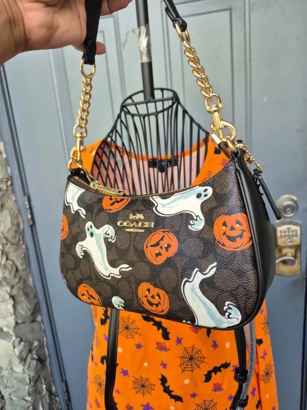 Coach Brown Shoulder Bag with White Ghosts & Orange Pumpkins
